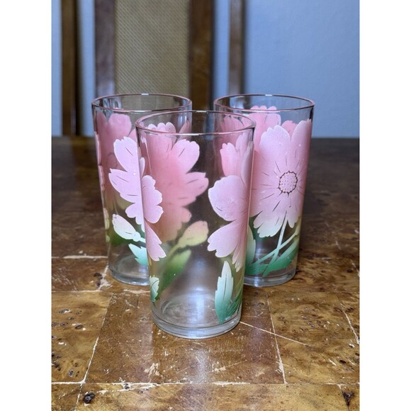 Federal Glass Cosmos Pink Peach Flower Tumbler Mid Century Vintage Set Of 3 - Picture 1 of 3